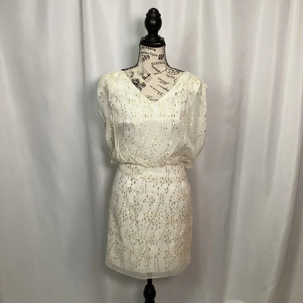 570. Laundry By Shelli Segal White and Gold Dress Size 12P NWT